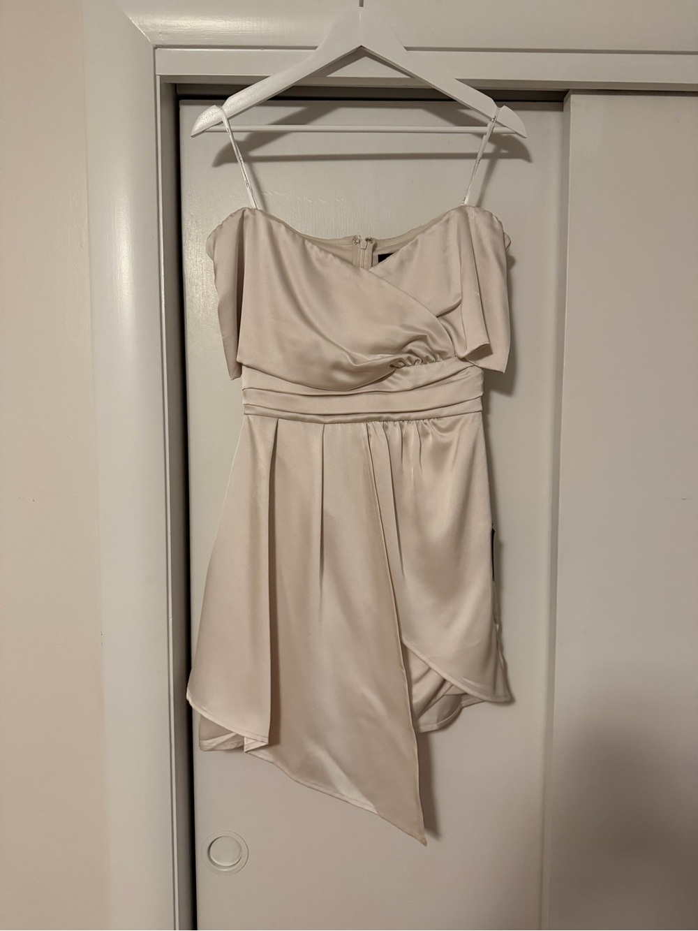 Lulu’s Elegant Cream Off-Shoulder Satin Dress